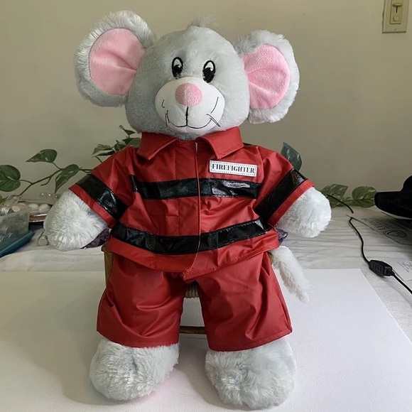 Build A Bear Mouse Firefighter 2013 Grey Plush Pink Ears Red Fireman Suit 18" - Picture 1 of 16